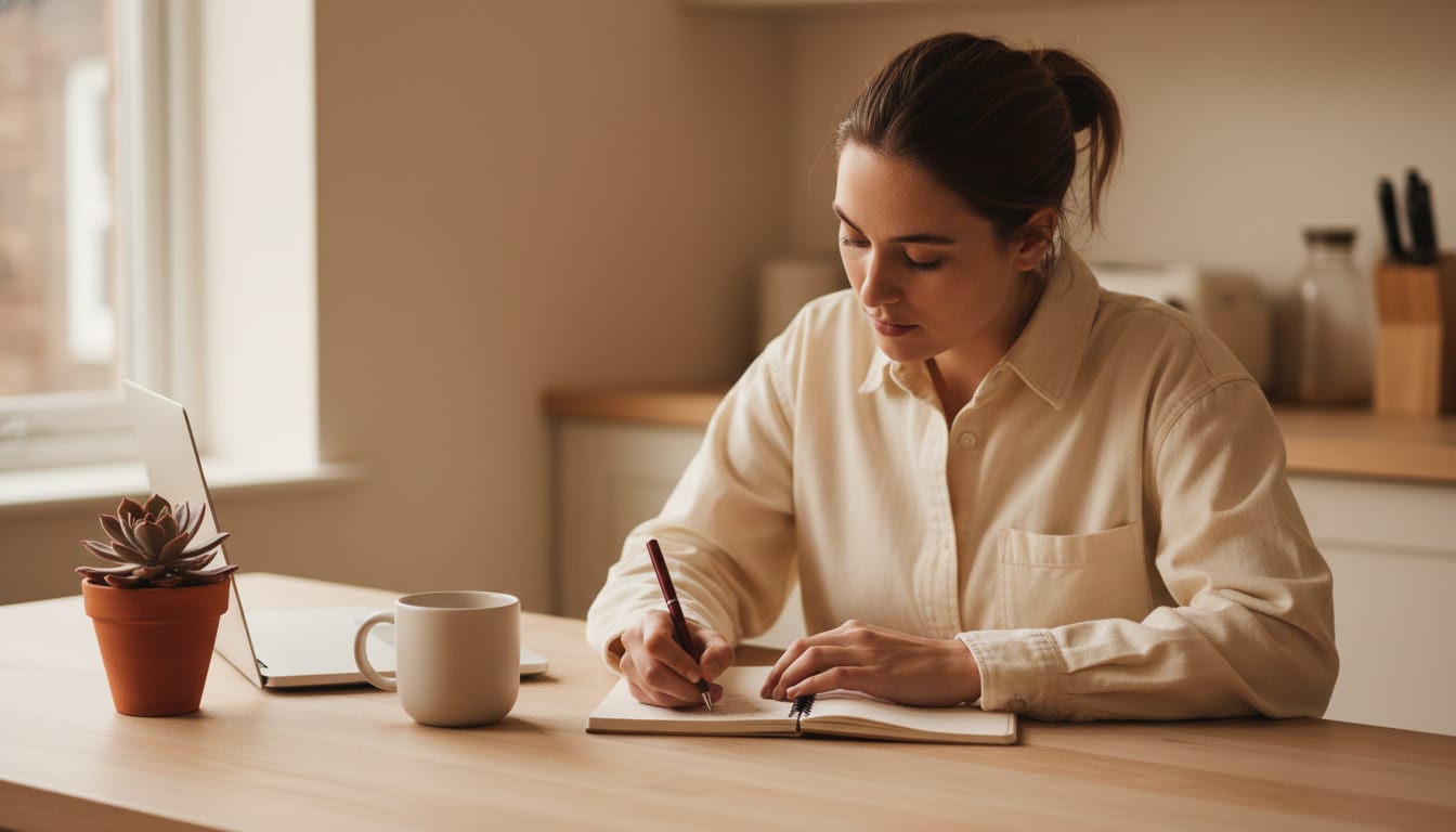 Person at a kitchen table writing in an open notebook with a closed laptop and a pink mug nearby in soft daylight