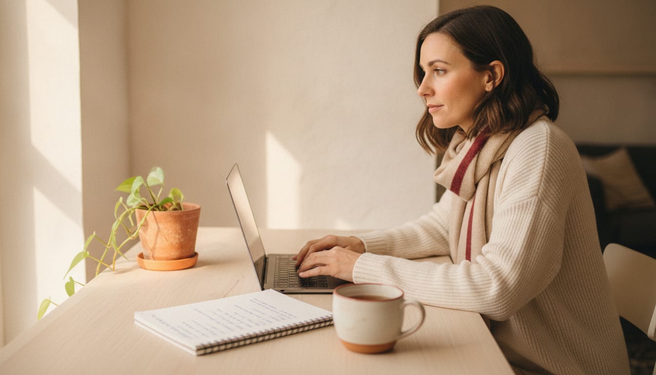 A professional at a wooden desk composing a written message on a laptop, open notebook with bullet points beside them in warm morning light