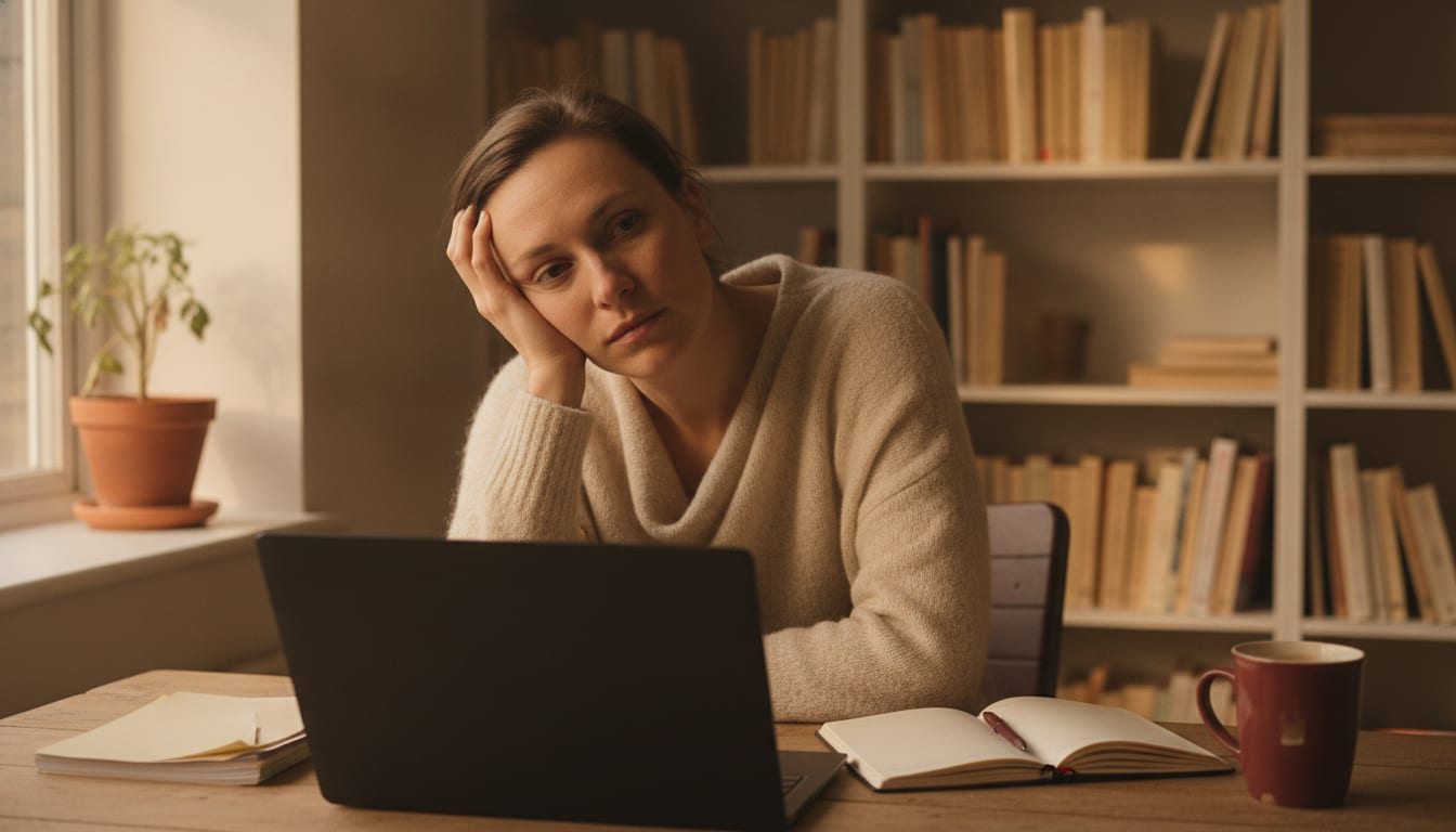 A person in their late 30s sits at a home office desk, head resting in one hand, a half-written notebook and cold mug of tea in front of them, late afternoon light through the window
