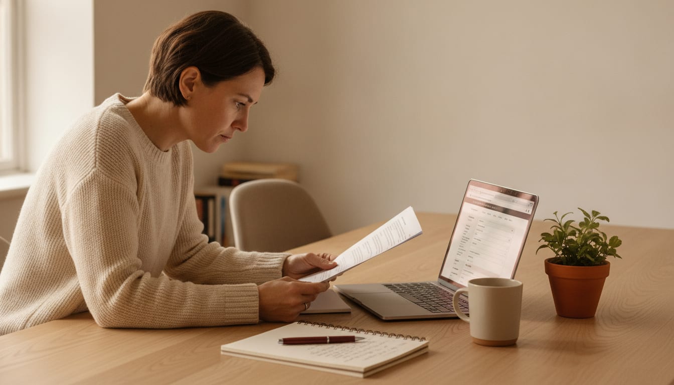 Person at a wooden desk carefully reading printed guidance notes beside a laptop showing a government application portal
