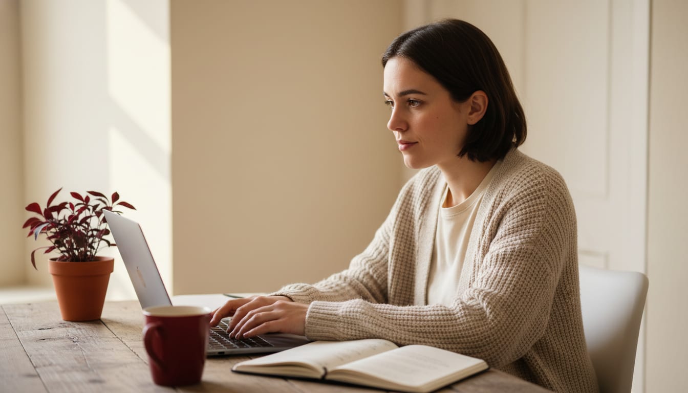Person typing intently at a laptop in soft natural light with a notebook of bullet points beside them