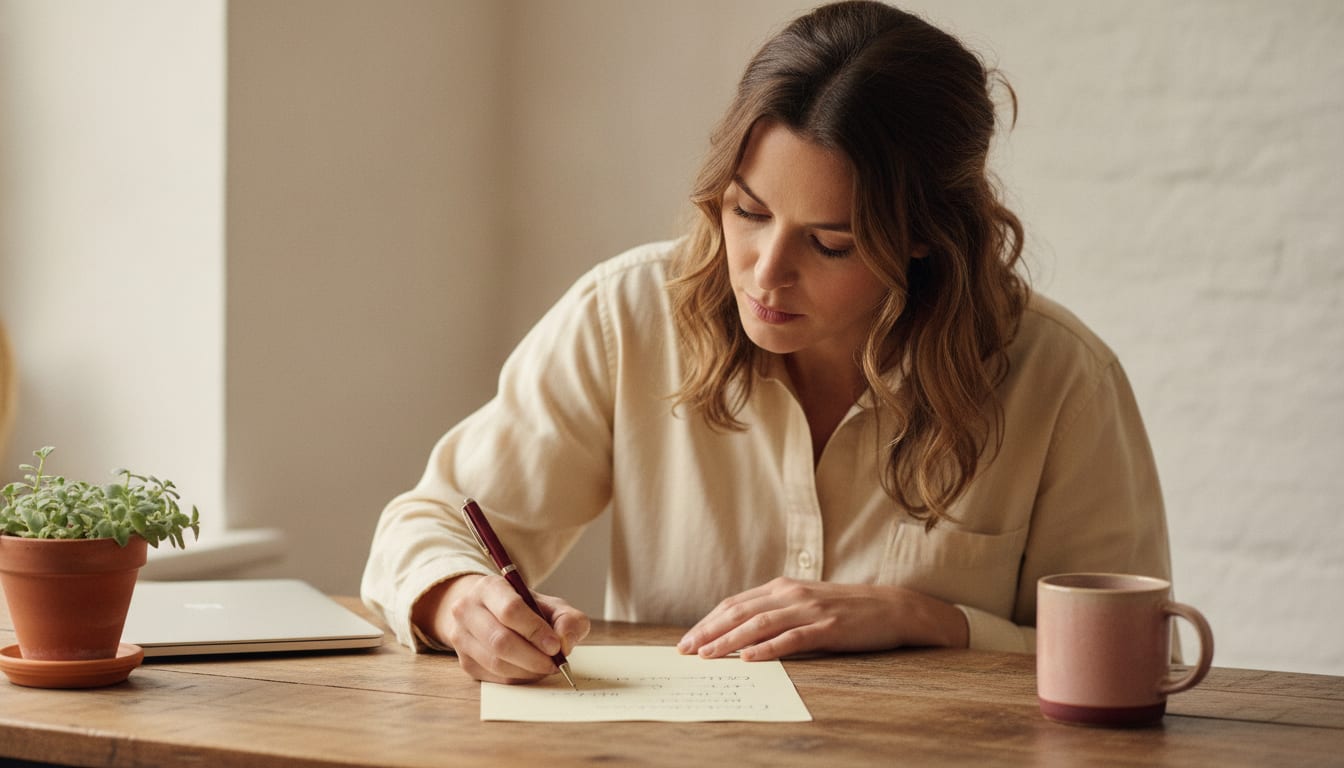 Person at a wooden desk reviewing a printed CV page and underlining words with a pen in warm morning light