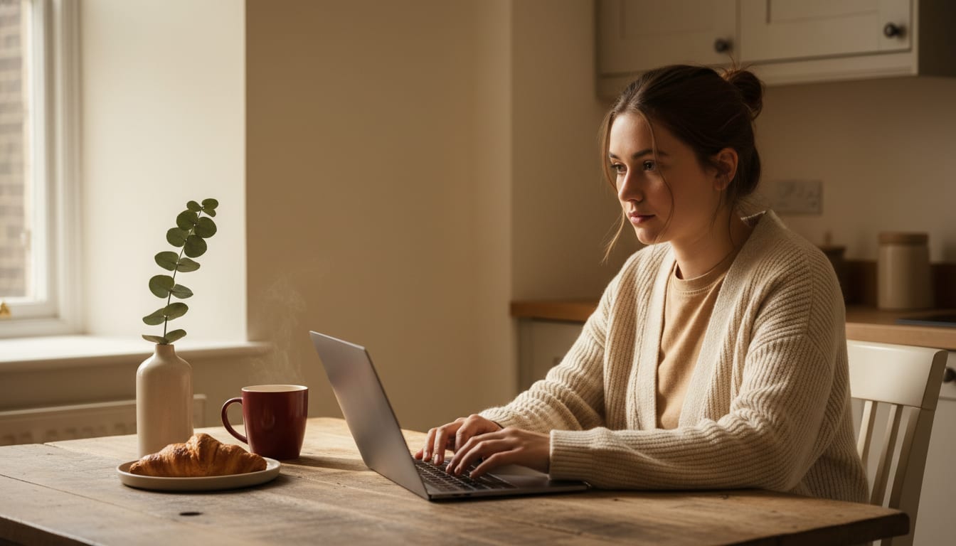Younger person at a sunny kitchen table with hands on a laptop keyboard and a pastry on a plate beside them