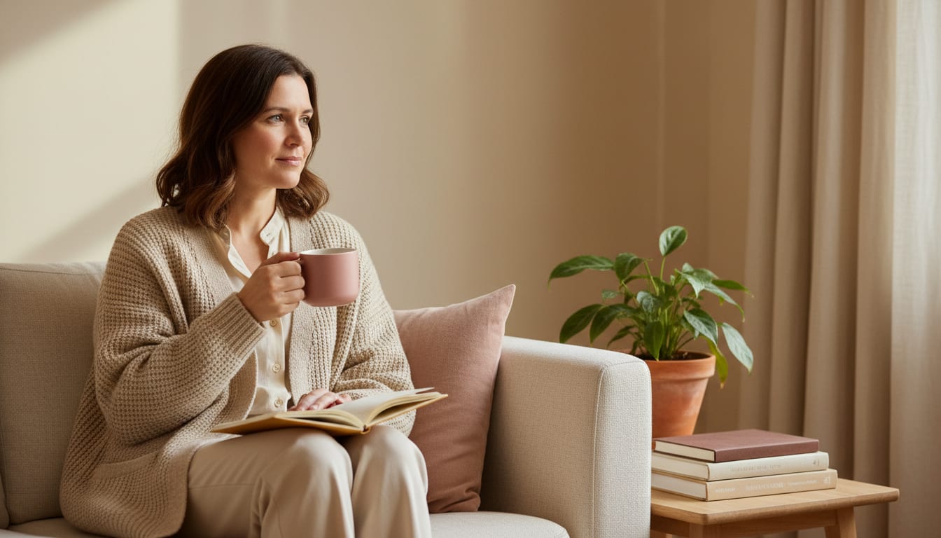 Person on a cream sofa with an open notebook on their lap and a pink mug, looking thoughtful and quietly confident