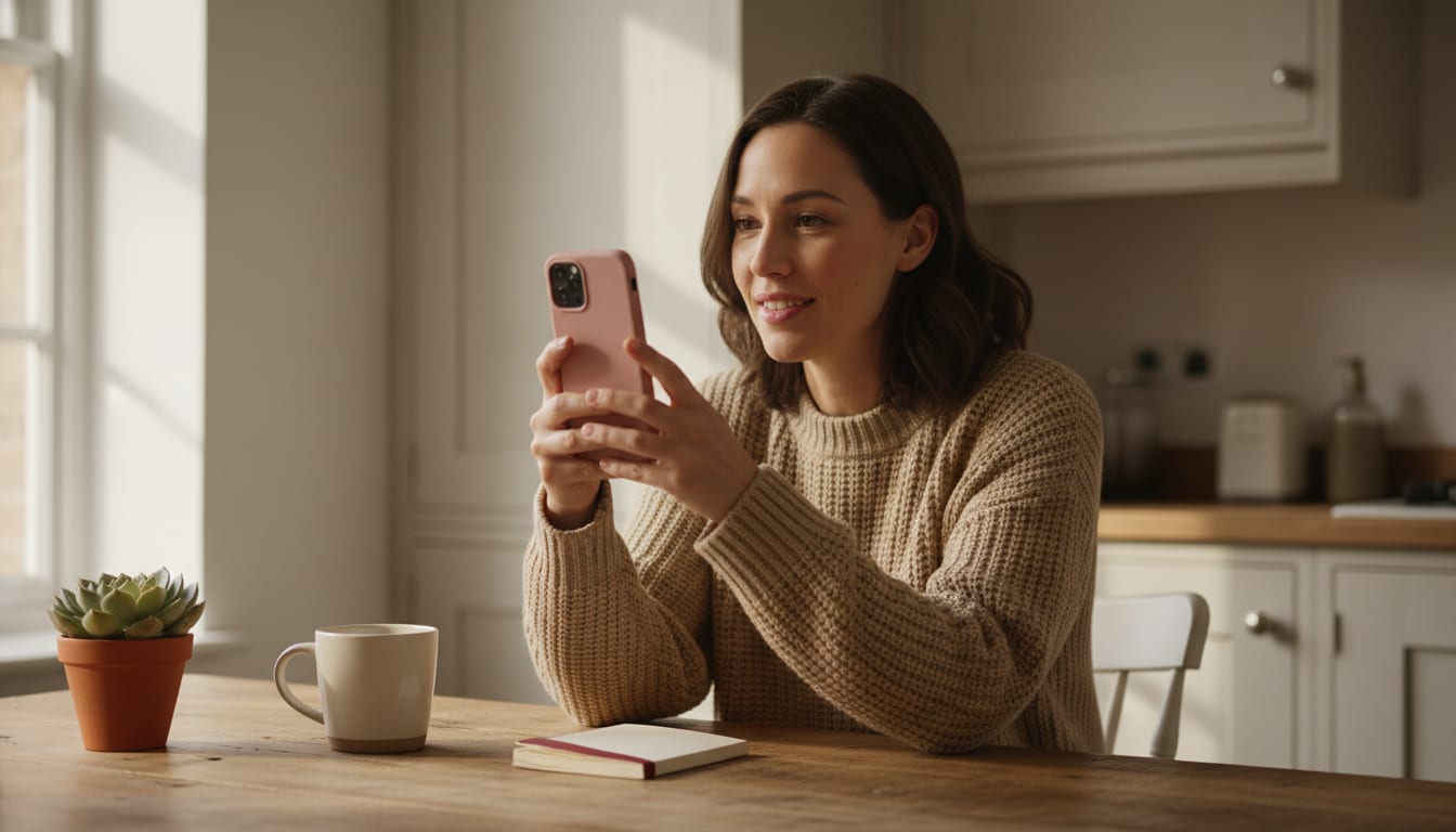 Person at a wooden kitchen table holding a smartphone with a soft pink case, reading something with a friendly engaged expression
