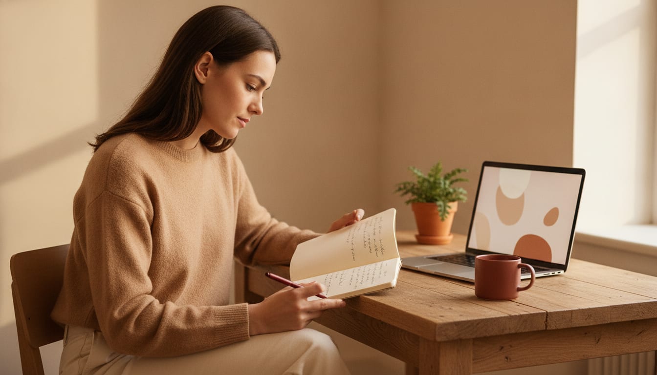 Young graduate sitting at a wooden desk writing a cover letter by hand, with a laptop open and a ceramic mug nearby in warm daylight