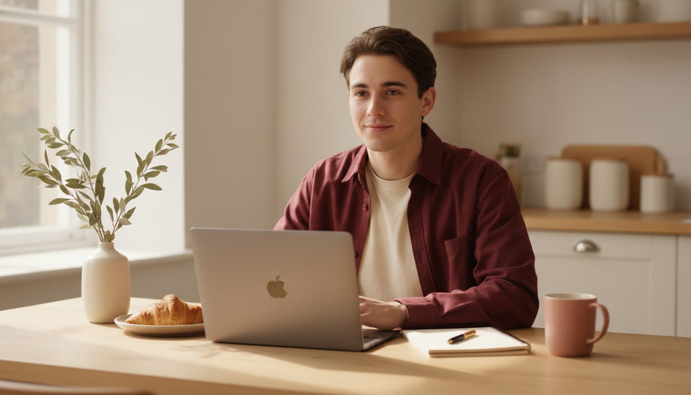 Younger person at a sunny breakfast nook with a laptop and a notebook, slightly smiling while thinking