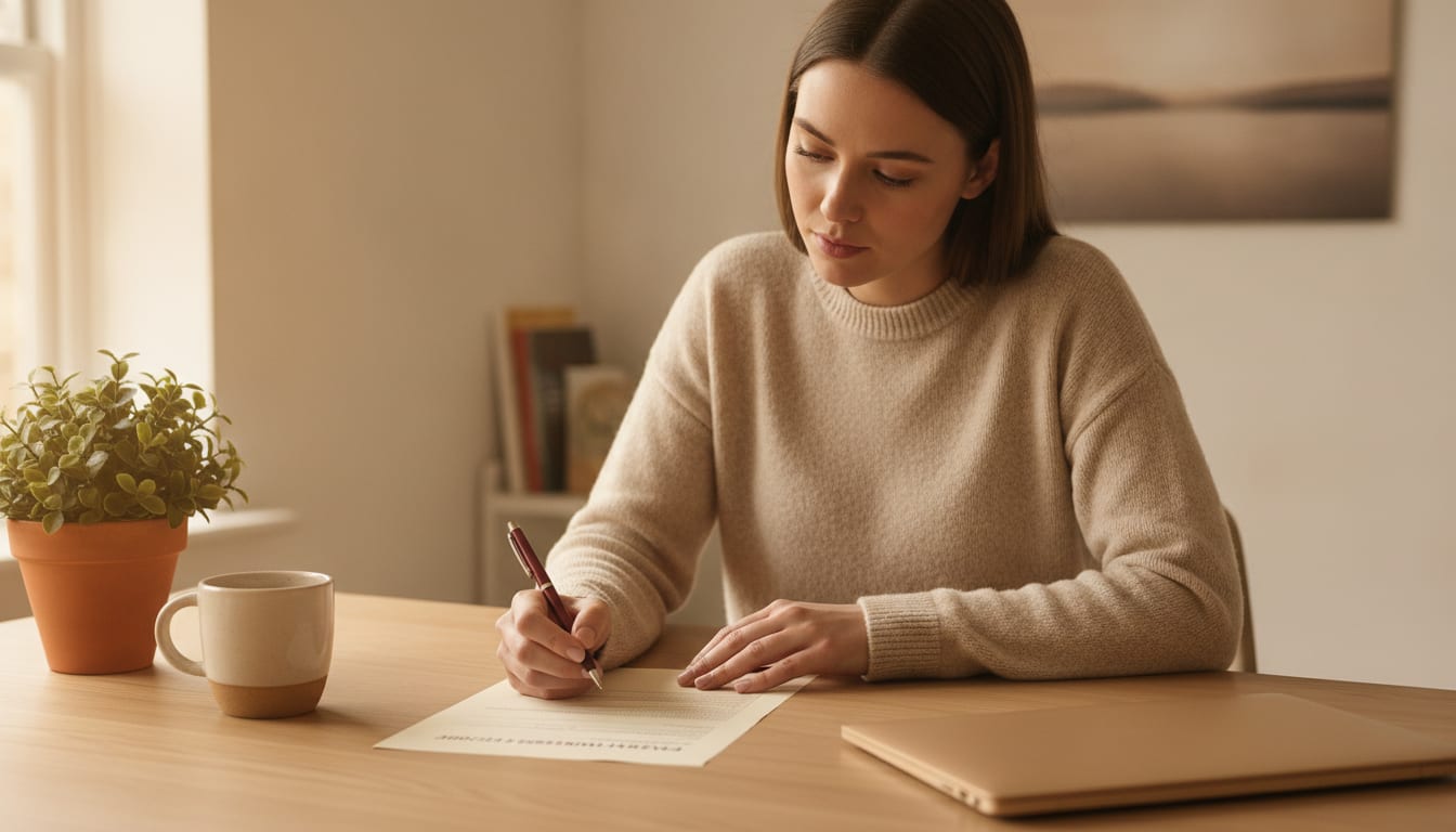 A young professional sits at a wooden desk completing a printed job application form with a pen, a plant and ceramic mug nearby