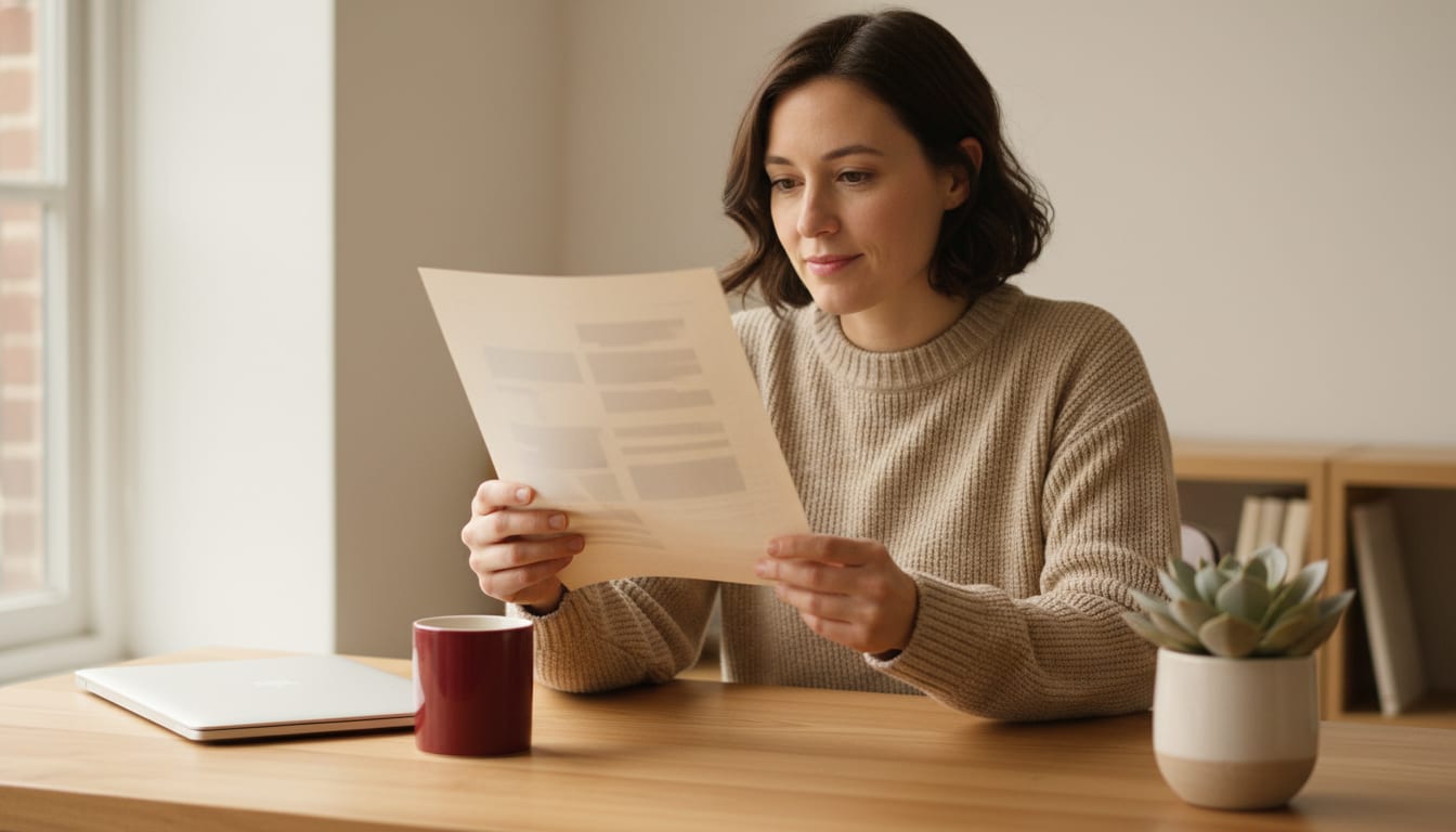 Person at a wooden desk holding a single printed page up to natural light, considering it carefully