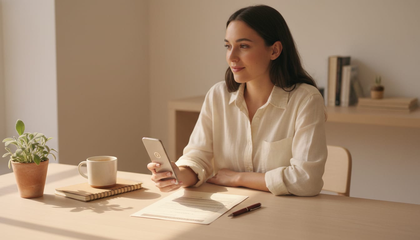 Person at a light wooden desk glancing at a phone notification beside a printed job application form