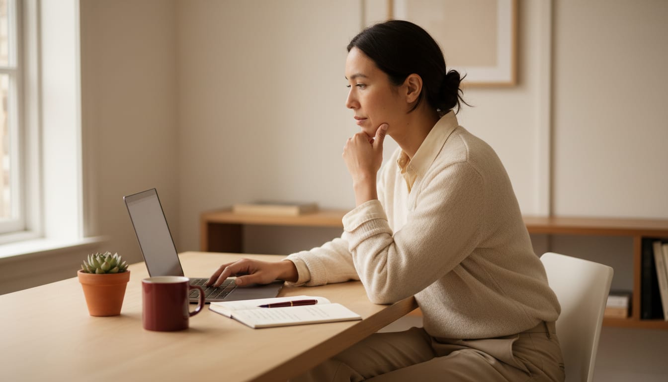 Person at a desk paused mid-typing, chin resting on hand, considering what to write next