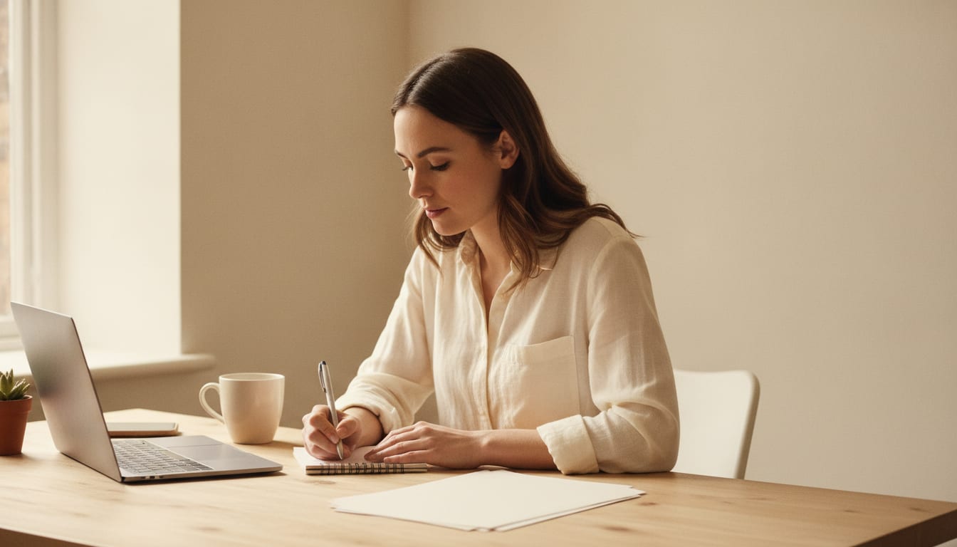 Professional at a wooden desk writing notes in a notebook beside an open laptop in warm daylight