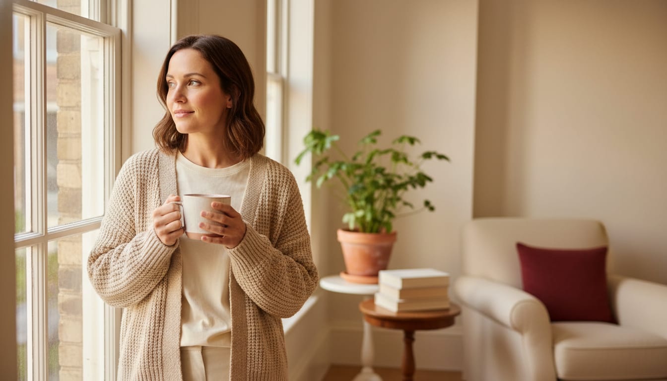 Person standing by a tall window holding a pink ceramic mug of tea with both hands, gazing out thoughtfully in a sunlit living room