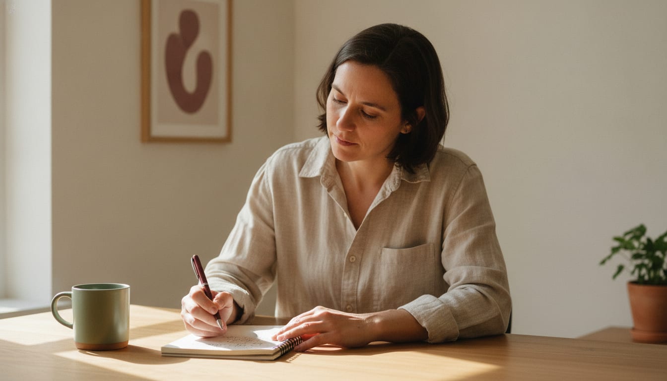 Professional at a wooden desk reviewing handwritten salary figures in an open notepad with a calm, considered expression in warm natural light