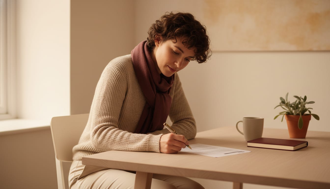 Person at a wooden desk reviewing a printed CV document with a pen, in warm natural daylight