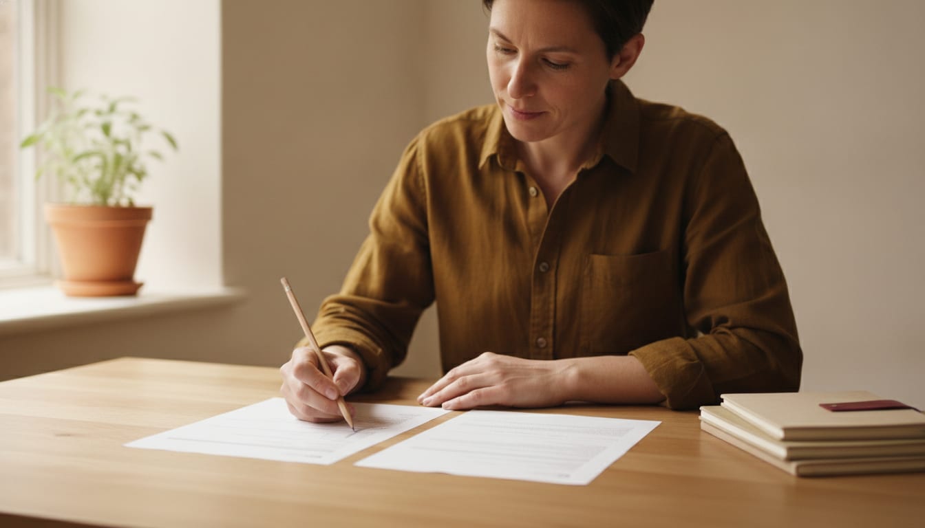Professional at a desk comparing two document layouts side by side, pencil in hand