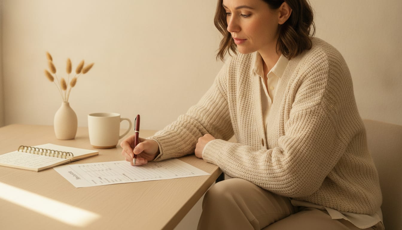 Person at a wooden desk filling in a printed job application form, expression thoughtful, plant and notebook in the background