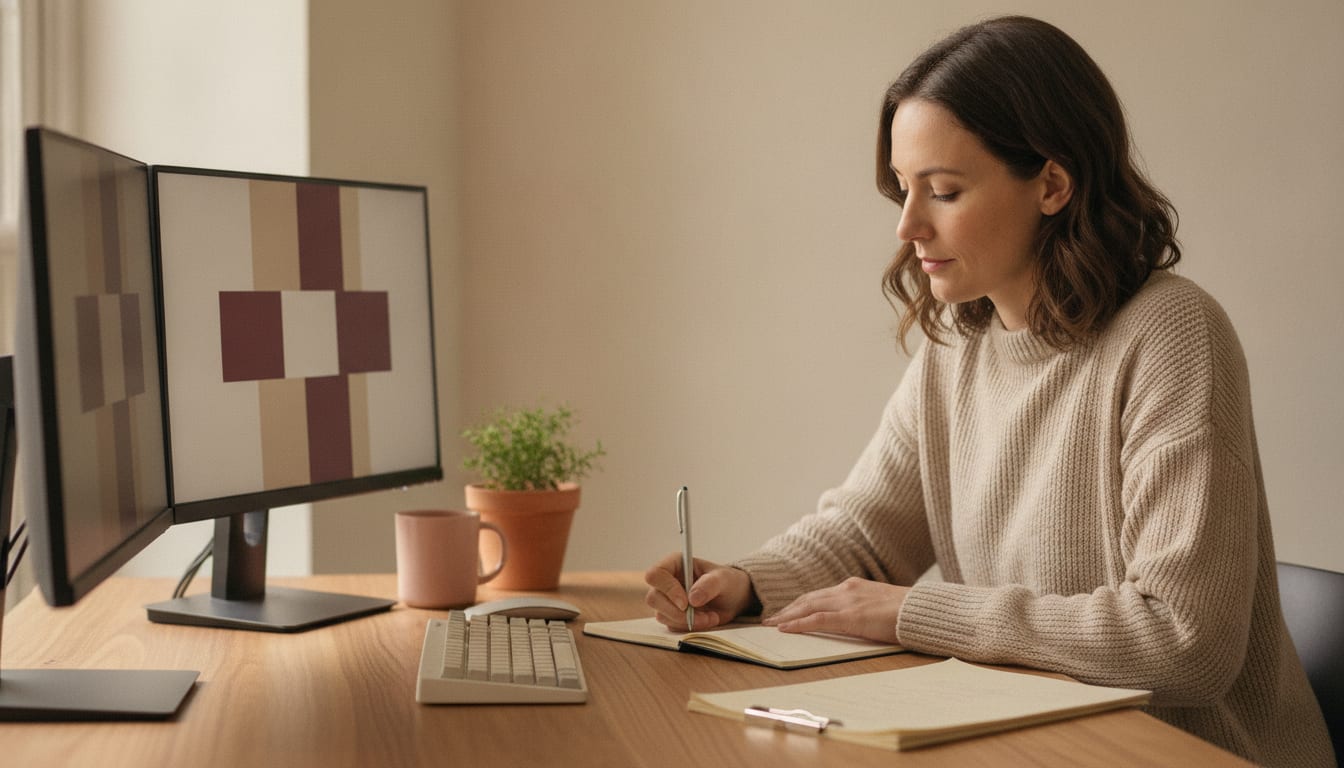 A developer in their early 30s sits at a wooden desk with a mechanical keyboard, writing notes in a cream notebook with a focused expression, dual monitors visible behind them