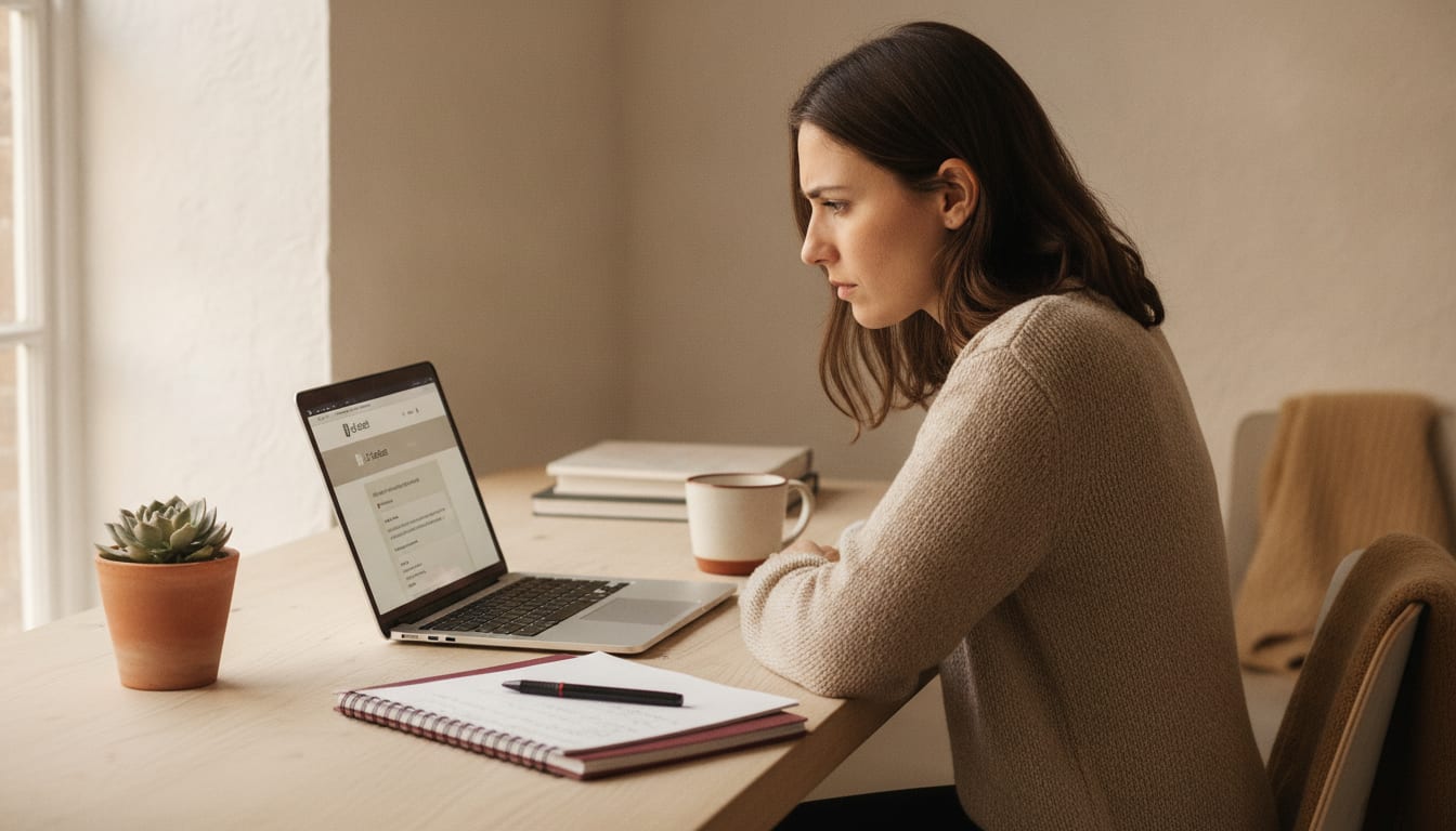 Person at a wooden desk with a laptop open, reviewing job listings with a notepad and pen beside them