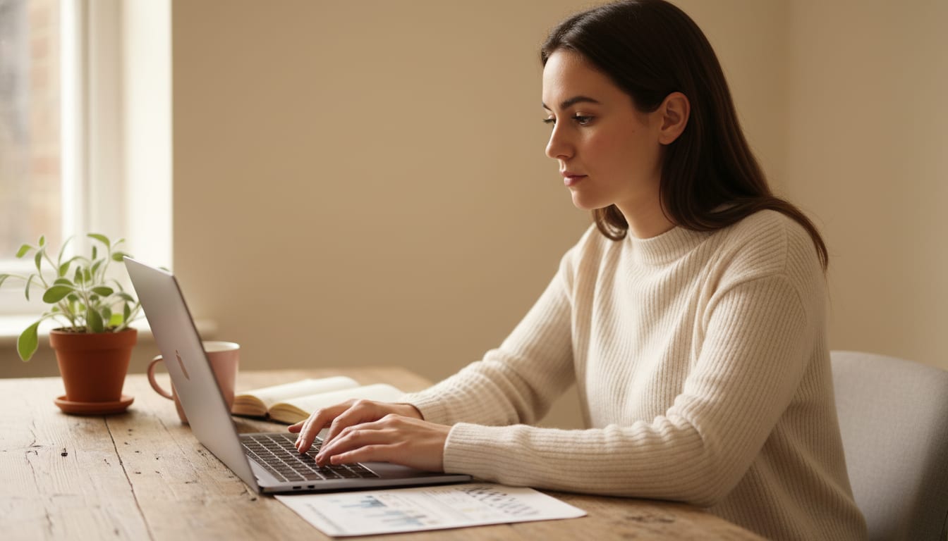 Person at a wooden desk pausing thoughtfully over a laptop while filling in a job application form