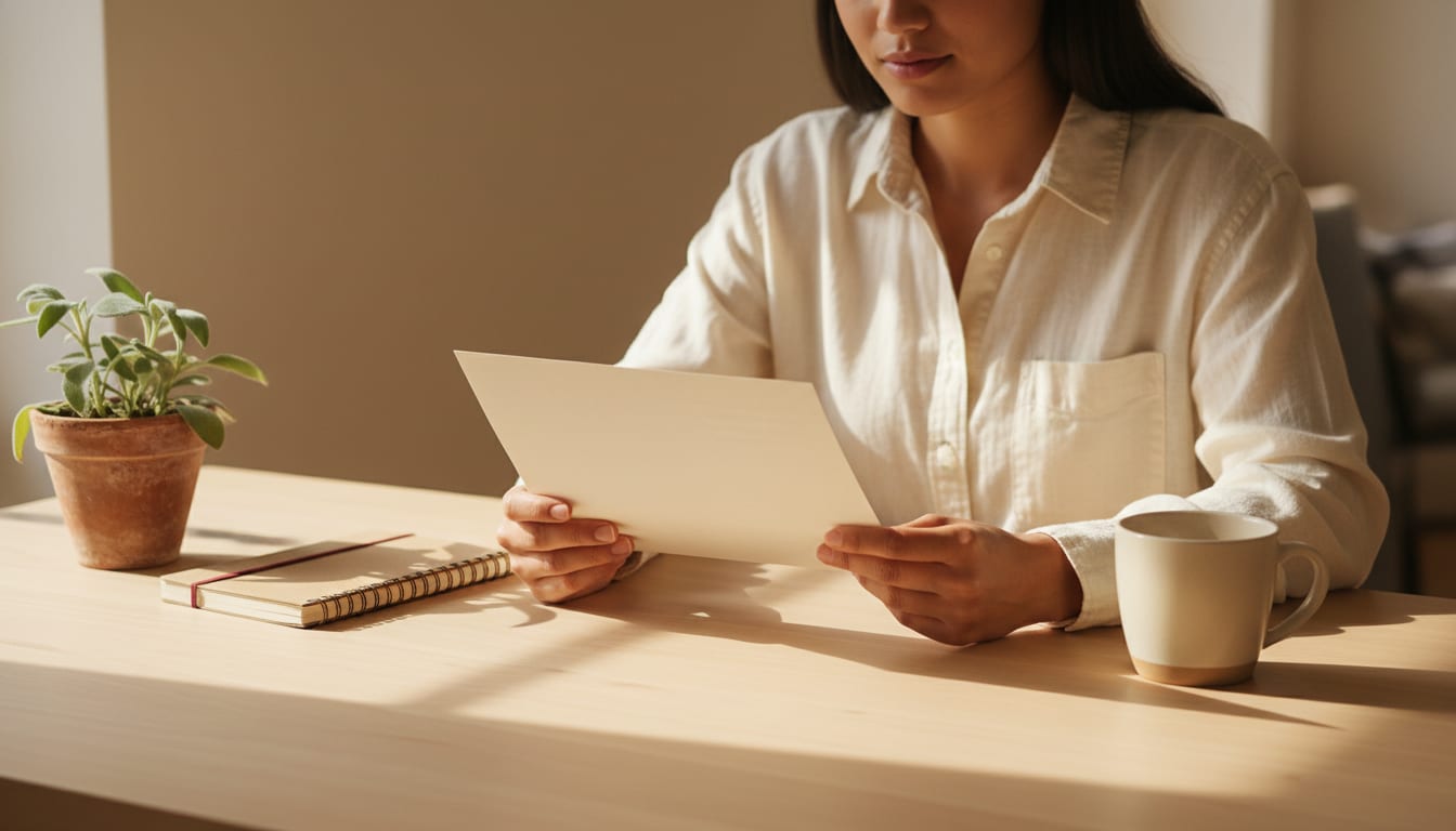 Person at a wooden desk reading a printed letter with a calm, neutral expression, a plant and notebook in the background