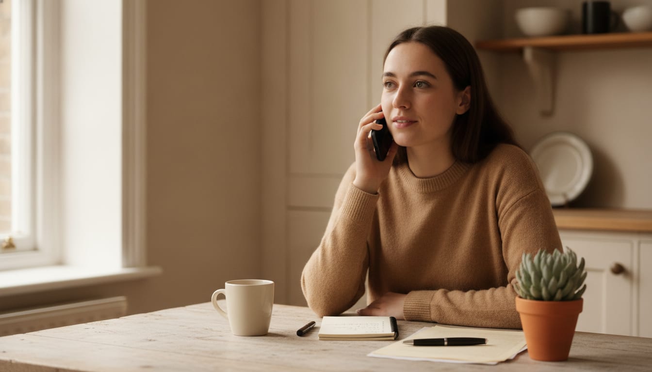 Person at a kitchen table making a professional phone call with a notepad of handwritten notes in front of them