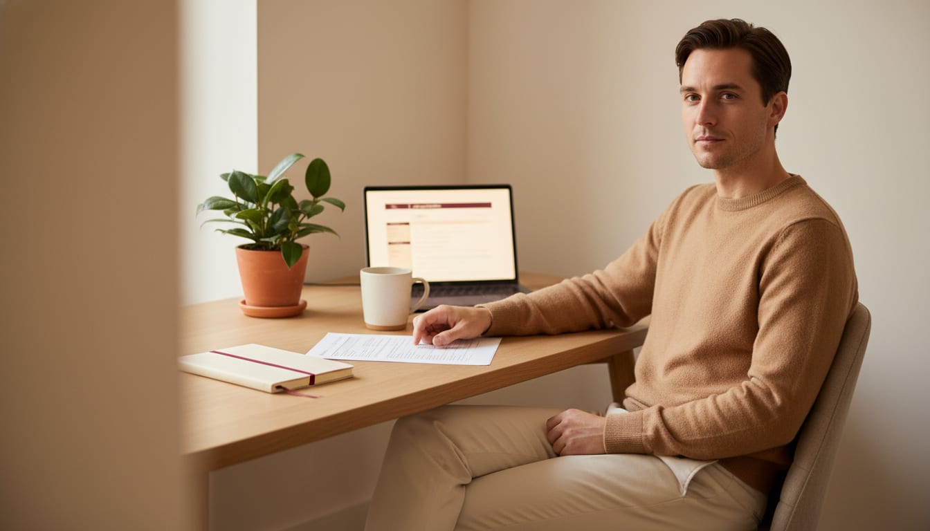 Person at a wooden desk with a printed document and a laptop, leaning back with a calm thoughtful expression in warm daylight