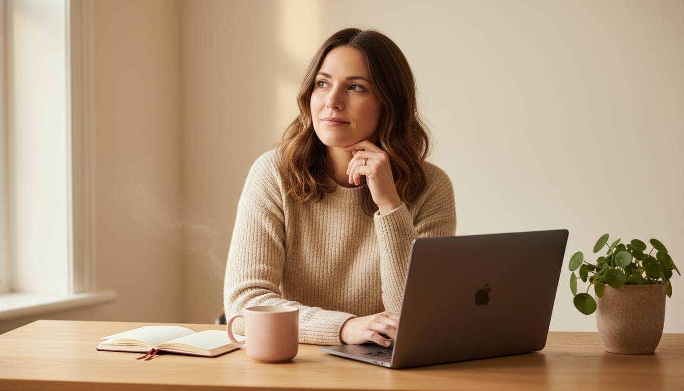 Person at a desk looking up from their laptop in thought, hand resting on chin