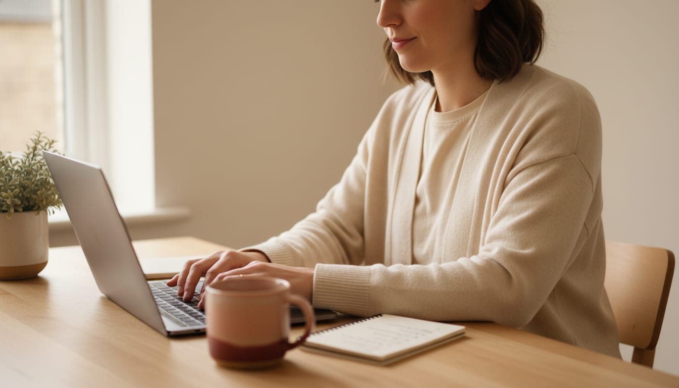 Person at a wooden desk filling in a long form on a laptop with quiet focused persistence